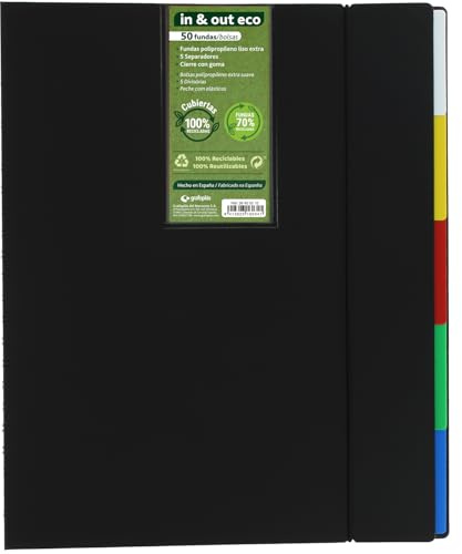 Grafoplas - Classeur à pochettes amovibles a4 In&Out ECO, 80 pochettes extra recyclées, 70%, couverture rigide 100%, changement rapide et pratique, avec 5 séparateurs et guide, fermeture élastiques