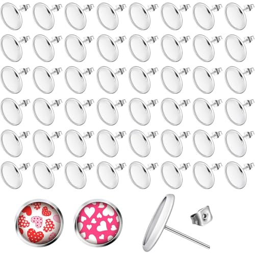 JEYORZY 50 Piezas aretes de acero inoxidable con forma de cabujón, aretes en blanco, Accesorios para con Punta Redonda En Blanco Ajustes de Cabujón con Bandeja, Y Tuercas para Pendientes