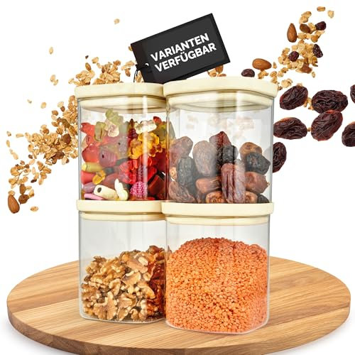 Dalena Home® Set di 4 Barattoli di Vetro con Coperchio robusto Vetro Borosilicato + Etichette (4x 1000ml) Contenitore Ermetico per Alimenti - Contenitori per Pasta