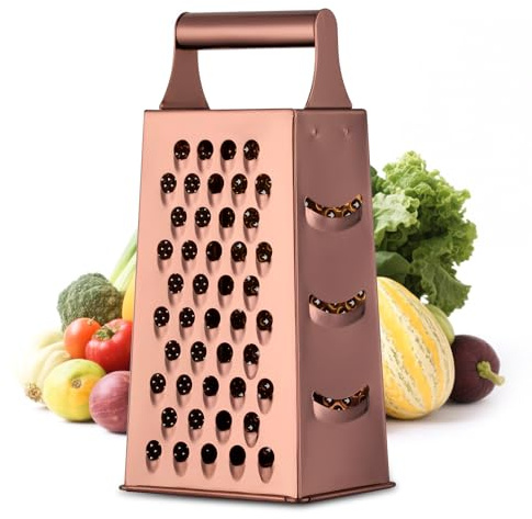Buyer Star Stainless Steel 4-Sided Grater, 9.37 Inch Multifunctional Cheese Grater, Suitable for Vegetables,Vegetable Grater, Zester, Dishwasher Safe (Rosegold)