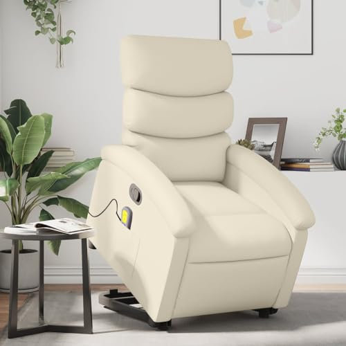 Homgoday Massagesessel mit Aufstehhilfe, Aufstehsessel Fernsehsessel Relaxsessel mit Liegefunktion, Seniorensessel Polstersessel Ruhesessel TV Sessel für Wohnzimmer Creme Kunstleder