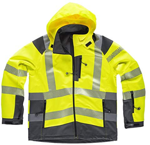 WORKTEAM Chaqueta Softshell de ALTA VISIBILIDAD, Cintas Reflectantes Discontinua, Capucha, Cortavientos, Repelente Agua, Membrana Transpirable y Alta Capacidad Térmica. Unisex Amarillo A.V.+Gris L