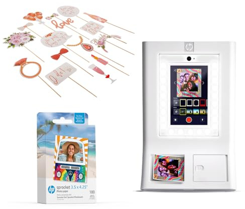HP Sprocket Photo Booth Machine Instant Color Photo Printer (White) + Zink Paper (100 Sheets) + Bridal Shower Photo Booth Props (23)