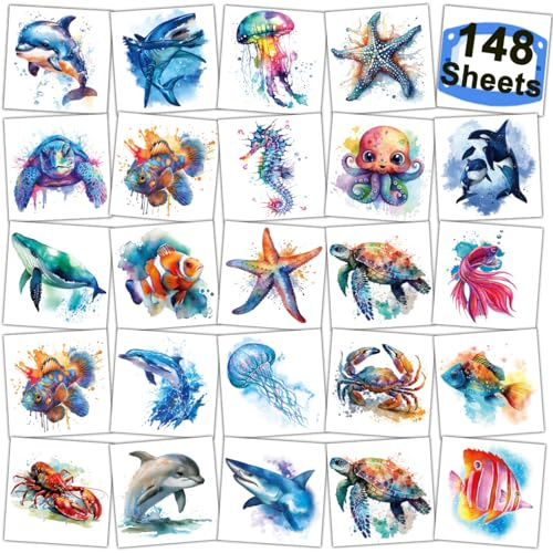CHARLENT 74 Bögen Aquarell Meerestier Temporäre Tattoos Kinder | Niedliche Ozean Tattoos für Jungen und Mädchen, ideal für Geburtstage, Partys, Geschenktüten und Meerestier-Fans