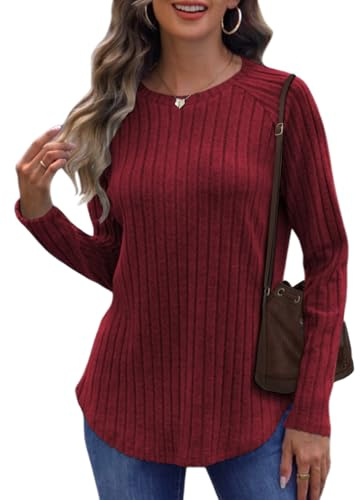 Cuptacc Womens Jumpers Basic Long Sleeve Tops Women's Longline Knitwear Jumpers Ladies Casual Top Burgundy M 12-14