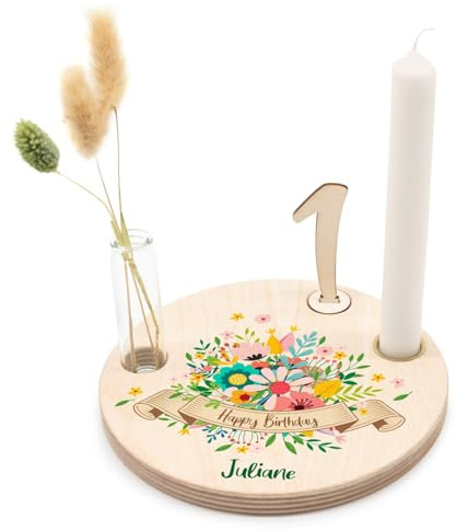 GRAVURZEILE Bedruckter Geburtstagsteller aus Holz - Blumen - Personalisiert mit Name - inkl. Kerzenhalter, Glasvase & Zahlen 0-9 - Geschenk für Baby & Kinder zum Geburtstag - ⌀ 16,5 cm