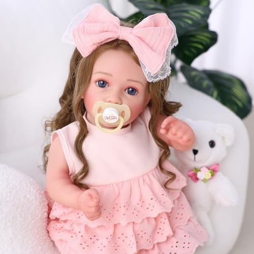 BABESIDE 20 Zoll Reborn Puppe Mädchen, Braunes Langhaar Realistisches Puppe | Reborn Puppe Realistischer Look, Weich Kuschelig, Bewegliche Gliedmaßen, Zubehör im Set
