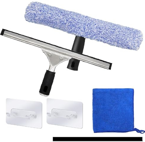 6Pcs Professional Window Cleaning Equipment, 14 Inch Window Squeegee Glass Cleaning & Microfiber Scrubber with 1 Rubber Strip, 2 Hooks & Microfiber Cloth, Cleaner Tool Kit for Windows and Glass