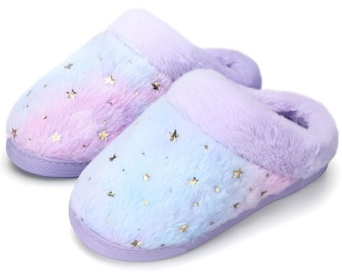 WateLves Girls Slippers Toddler Kids Plush Sequin Slip On Slippers Memory Foam Warm House Shoes for Indoor Outdoor (Start Purple, 26/27)