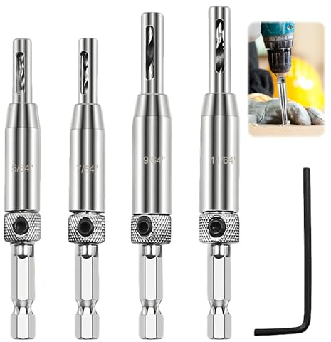 4PCS Self Centering Drill Bit Set, Hinge Bit Self Center, HSS Drill Bit Tool Guide with 1/4 Hex Shank for Door, Woodworking, Kitchen, Cupboard Drawer Hinge Pilot Hole (5/64 7/64 9/64 11/64)