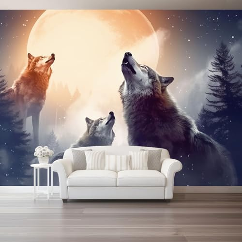 Generico Carta da Parati Panoramica 250 x 175 cm - Foresta Animali Lupo Luna Carta da Parati per Soggiorno Camera da Letto Ufficio, Grigio Moderna Fotomurali Murales Poster Gigante