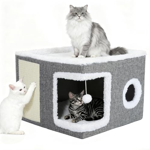 7VSTOHS Katzenhaus für Haustiere im Innenbereich, 2-stöckiges großes Haus mit Kratzbrett und flauschigem Ball, Faltbare Katzenhöhle und Versteck mit weichem Kissen,modern