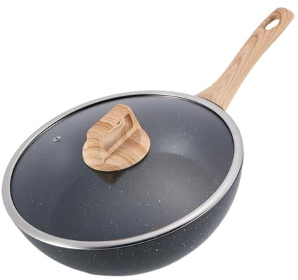 Poêle Antiadhésive De 28 Cm Avec Couvercle - Usage Domestique For Faire Sauter Et Frire, Compatible Avec Les Plaques À Induction Et Les Cuisinières À Gaz(Black)