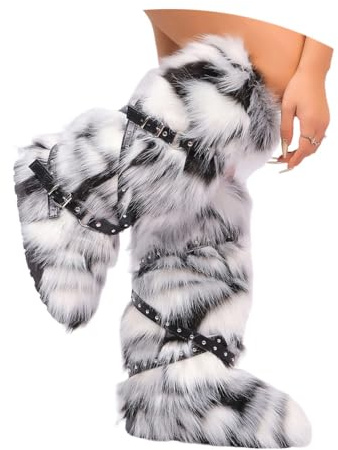 ORANDESIGNE Femme Bottine en Peluche Fourrure Hiver Bottes de Neige Plate Bottines Fourrées Y2K avec Boucle de Ceinture A Noir Blanc 38 EU