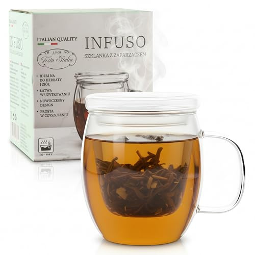 Festa Italia Teetasse mit Deckel und Sieb aus Glas - 580 ml - Große Teeglas All in One - Borosilikat Glas - ein Idealer Teebereiter - Teebecher - Tee Tassen - Tasse mit Teesieb