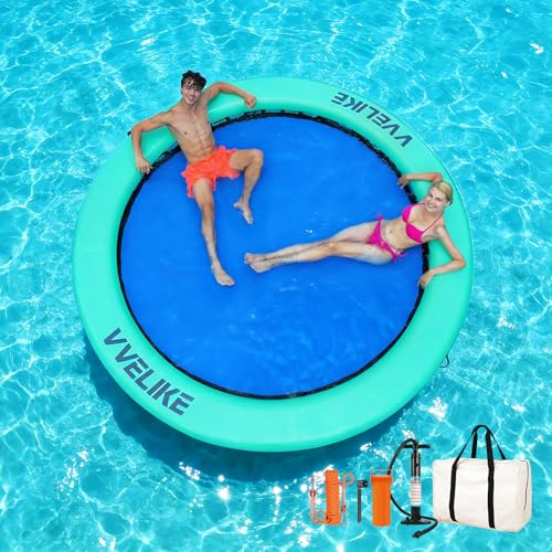 Vvelike Inflatable Floating Water Hammock for Adults, Float Circle Paddle Dock Lake Island Boat Pool Rafts, Large Size Round Ring Floaties Swim Deck Platform Family Party (Blue+Mint Green, 10ft)
