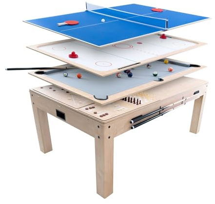Mesa de Juegos 7 en 1 Multijuego | Billar, Ping Pong, Air Hockey, Ajedrez, Backgammon y Comedor | Efecto Roble | Incluye Todos Los Accesorios para Jugar | Diversión Familiar y Hogar