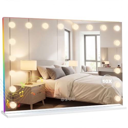 HOMCOM Hollywood Spiegel mit Beleuchtung 80x60 cm Schminkspiegel Weiß | 18 Dimmbare LED-Lichter, 3 Lichtfarben, RGB-Licht, Bluetooth, Touch-Schalter, Tisch-/Wandmontage