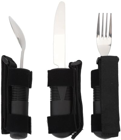 PxQuerantic Juego de cubiertos adaptativos de 3 piezas, juego de utensilios con peso para personas mayores, mango compuesto texturizado con correa trasera, cubiertos adaptativos