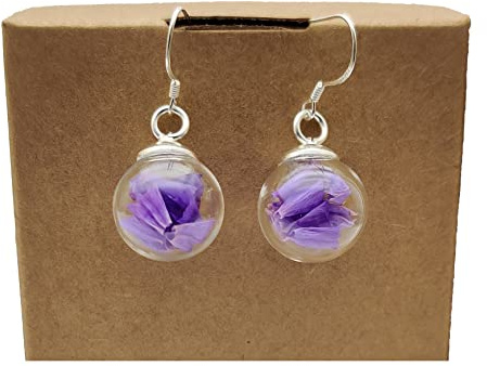Viola Non ti scordar di mé Statice Vero Fiori Bicchiere Palla in Argento Sterling 925 Orecchini Goccia e pendenti Donna Handmade
