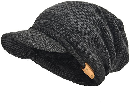 Uomo Donna Spessore Vello Foderato Maglia Ciondolare Beanie con Visiera (Grigio/Nero)