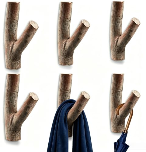 DEAYOU 6 Pack Wood Wall Hooks, Tree Branch Real Wooden Hooks for Hanging, Adhesive Farmhouse Rustic Hat Coat Hooks Wall Stickers for Towels, Bags, Scarves, Keys, Decoration (Width 2-3cm)