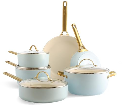 GreenPan Reserve Set di Pentole Antiaderenti in Ceramica Anodizzata Dura, 10 Pezzi, Include Padella, Padella Sauté e Casseruola, Manico Oro, Senza PFAS, Induzione, Forno Sicuro, Chiaro Blu
