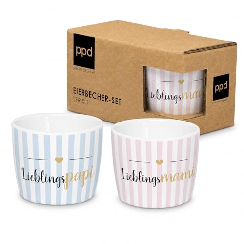ReWu Eierbecher 2er Set Lieblingspapi & Lieblingsmami, gestreifte Eierhalter für Frühstück & Brunch, Geschenkidee für Eltern, Mama & Papa, mit Geschenkkarton