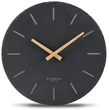 Cander Berlin MNU 2230 L Wanduhr Schiefer lautlos geräuschlos 30,5 cm Holzzeiger Naturstein analog Wohnzimmer Büro ohne Tickgeräusche