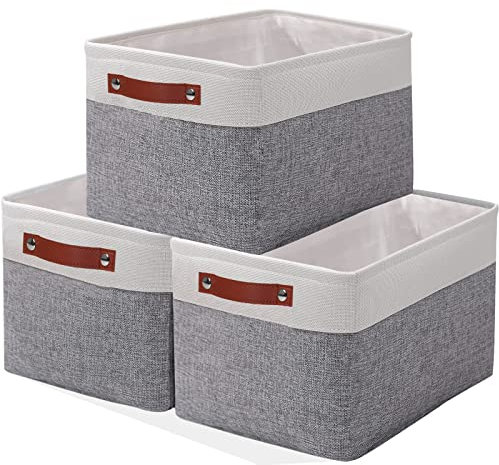 OUTBROS Stoff Aufbewahrungsbox,Faltbare Aufbewahrungskörbe mit Griffen 3er Set, Kisten Aufbewahrung für Schrank, Regalkörbe, 42x32x26cm,Weiß/Grau