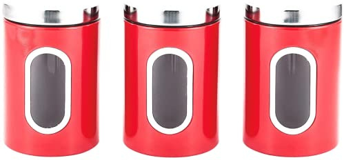 Royal Cuisine Stainless Steel Round Canister Set Of 3 Clear Window and Multi Food Storage Jars (Red)