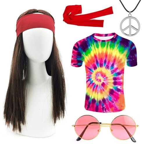 iZoeL Deguisement Hippie Deguisement Annees 80/Annees 70/Annees 60 Perruque Hippie Homme Costume Halloween/Carnaval/Disco/Cosplay Femme, T Shirt Perruque Couvre-chef Lunettes Collier