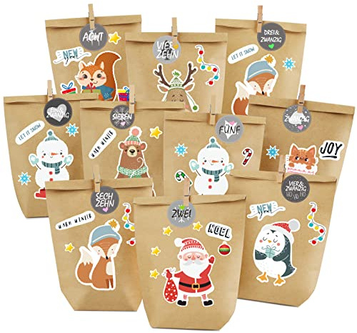 Adventskalender zum Befüllen, 24 Adventstüten zum Basteln, Weihnachtskalender zum selber befüllen, Bedruckt Weihnachtstüten mit Zahlenaufkleber zum Selbstbefüllen (Grau)
