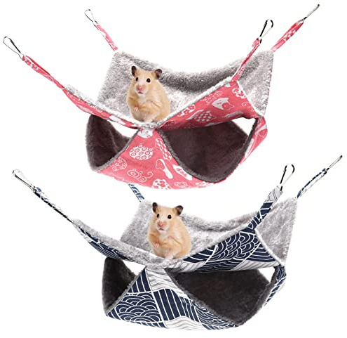 olyee Paquete de 2 hamacas de jaula para ratas para mascotas, cama colgante de doble capa para animales pequeños, hámster, rata jugando durmiendo (rosa y azul marino)