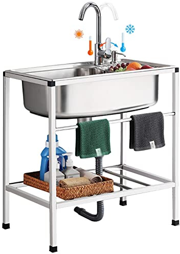 Fregadero independiente acero inoxidable Portatil con Patas 1 Seno | Lavabo Multiusos con Estant, Grifo Frío/Caliente, para Cocina Exterior, Jardín, Lavadero, Garaje, Camping