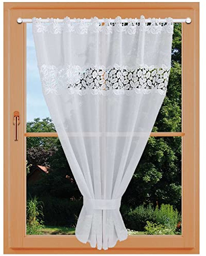 Scheibenhänger Carmelita Vogtländische Spitze mit Raffhalter | modern geraffter Sockelstore weiß Blätterdesign | Flächengardine handgefertigt | Kurzgardine Sockelstore Höhe x Breite 110 x 90 cm