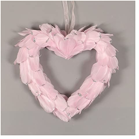 SHTGOI Federkranz 25 x 29cm Wandkranz Herz Federn Kranz Deko Handgefertigt Federn Kränze Tischdeko Türkranz Weihnachtskranz Osterkranz Wohnzimmer Haustür Dekoration Rosa
