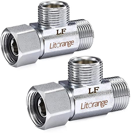 Litorange Lead-Free Brass 2 PCS Brass Angle Stop Add-A-Tee Valve 3/8 Compression Inlet by 3/8 Compression Outlet by 3/8 Inch Outlet Easy Connect Tee