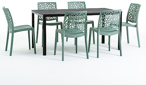 Set pranzo da giardino o esterno per 6 persone, tavolo in acciaio verniciato con doghe in polietilene effetto legno Antracite, 6 sedie in polipropilene con fibra di vetro Salvia - Thomas e Anna