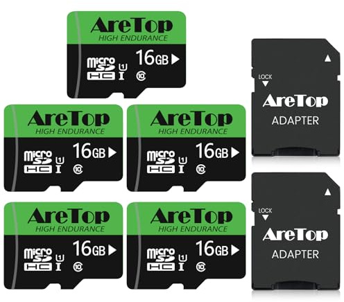 AreTop Scheda Micro SD da 16 GB, confezione da 5 schede di memoria UHS-I, TF Micro SDHC Classe 10, U1, con adattatore per Tablet/Drone/Dash Cam/Camera/Phone/Nintendo-Switch/PC,Lettura massima 90 MB/s