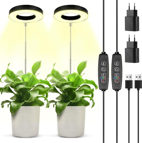 POWZOO 2 Stück Pflanzenlampe LED Vollspektrum,48 LEDs Pflanzenlicht,Höhenverstellbare pflanzenlicht mit 3/9/12H Auto-Timer, 9 Helligkeits & 3 Lichter Modi, mit USB Adapter,für Indoor-Gartenpflanzen.
