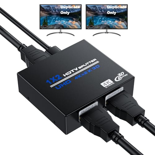 HDMI Splitter 1 in 2 Out 4K, 1x2 Powered HDMI Multi-Port Adapter for Dual Monitor, Support 4K UltraHD 3D HDR, Duplicate/Mirror Screens, Ideal for Xbox Ps5 Ps4 Ps3 Fire Stick Blu-Ray Player HDTV