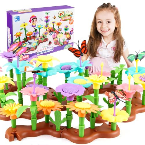 Wvu & Wvo 104PCS Blumengarten Spielzeug, Montessori Spielzeug Kinder Blumen Bausteine, DIY Garten Spielzeug für ab 3 4 5 6 Jahre Mädchen Geburtstags Geschenk