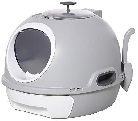 PawHut Bac à litière pour Chat Maison de Toilette Portable pour Chat tiroir à litière Coulissant Porte battante Lucarne + Pelle fournis dim. 47L x 55l x 44H cm Gris