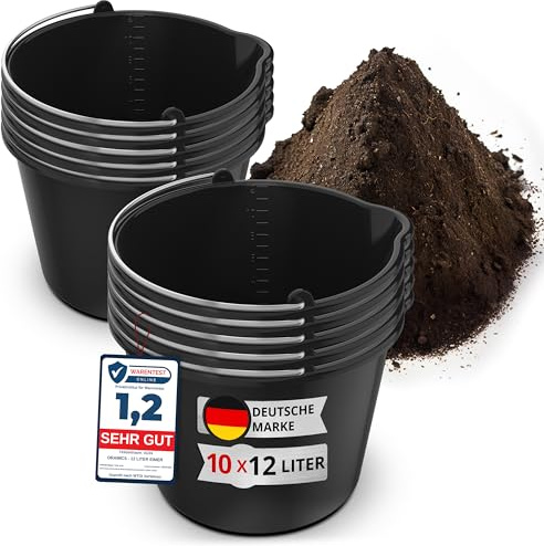10x Oramics 12L Eimer mit Ausguss Tülle – Baueimer Kübel für Zement und Mörtel – Stabiler Wassereimer mit Skala für Haushalt, Garten, Baustellen und Landwirtschaft (10x 12 Liter Mörteleimer)