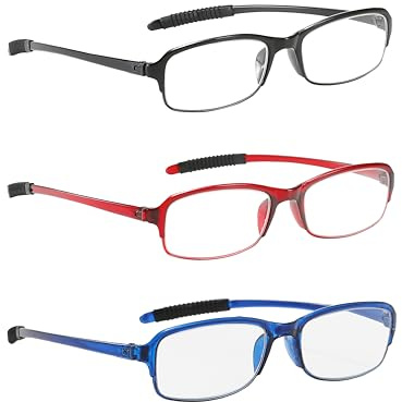NRDIK PROFLEX Gafas de lectura flexibles (paquete de 3), antichoques, antiarañazos, antideslizantes, unisex (mujeres y hombres) (Oval; BLK, RED, BLU; +3.0)