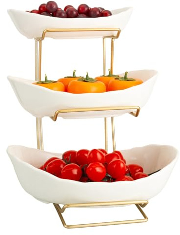kiss me Tiered Fruit Basket for Kitchen Countertop, 3 Tier Ceramic Fruit Bowl Sets with Metal Stand White Fruit Serving Holder for Snacks Nuts Candy Cake Vegetable Storage (#1 Gold Stand)