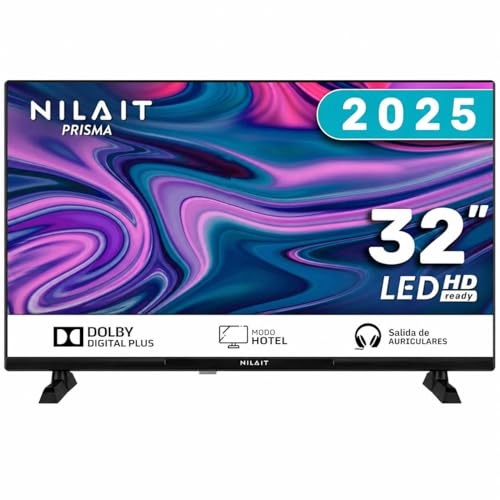 Nilait Prisma 32HC7002N TV 32 Pulgadas LED HD Ready Frameless, Dolby Digital Plus, 2 HDMI, USB, DVB-T2, VESA 75x75, Televisor Compacto para Cocina Dormitorio Oficina (Negro, Sin SmartTV)