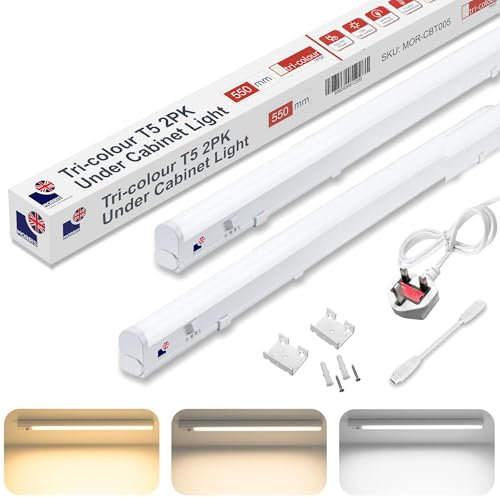 Morris LED Under Cabinet Light 550mm Pack of 2 Linkable 3 Colours in 1 3000k/4000k/6500k Kitchen Light - UK Plug Included -