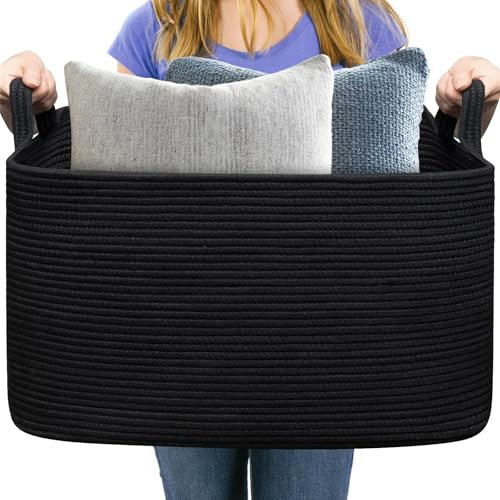 Aufbewahrungskorb Groß, Korb Geflochten Wäschekorb, Spielzeug Aufbewahrung Kinderzimmer, Aufbewahrungskorb Geflochten, Korb Aufbewahrung, Korb für Decken, Körbe Aufbewahrung, 55x38x30cm (Schwarz)